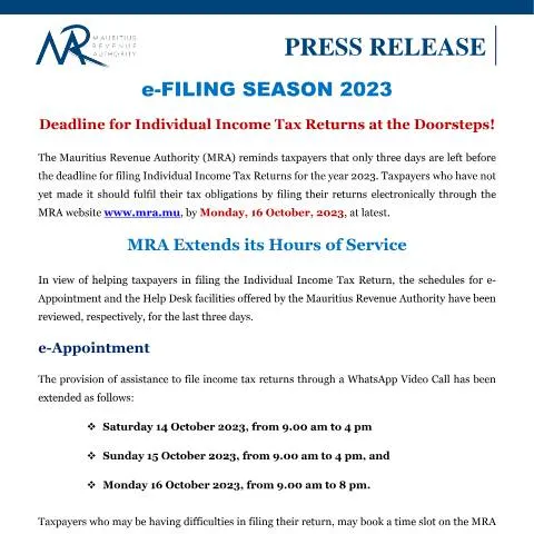 Document preview: Final Call: Submit Your Individual Income Tax Returns by October 16! — Taxes (CERFA n°PressRelease131023)