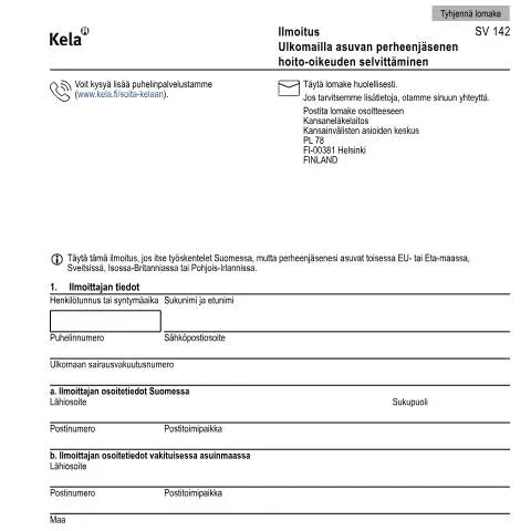 Document preview: Ulkomailta Suomeen muuttaminen ja hoito-oikeus — Terveys (CERFA n°Kela SV 142)