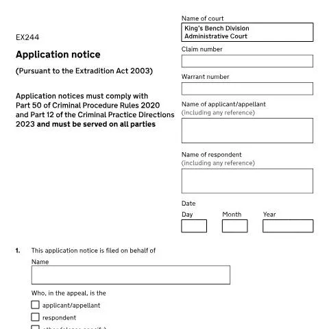 Document preview: Application Notice under Extradition Act 2003 (Form EX244) — Legal & justice