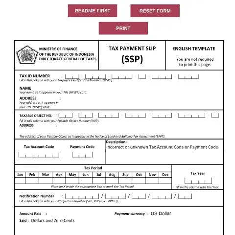 Document preview: Panduan Lengkap Slip Setoran Pajak (SSP) untuk Wajib Pajak — Pajak & perpajakan (CERFA n°ID-DJP-Template-SSP-dalam-Bahasa-Inggris)