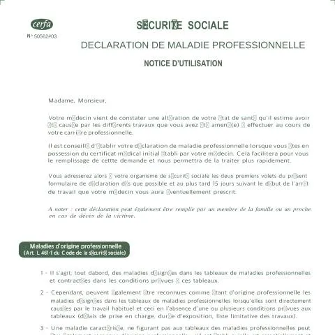 Aperçu du document Comment déclarer une maladie professionnelle avec le formulaire — Santé (CERFA n°16130*01)