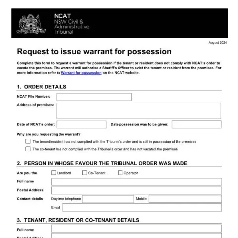 Document preview: How to Request a Warrant for Possession from NCAT — Legal & justice