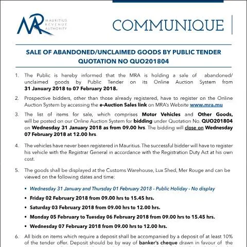 Document preview: Understanding Public Tender for Abandoned Goods in Mauritius — Government & admin (CommuniqueQ04of2018)