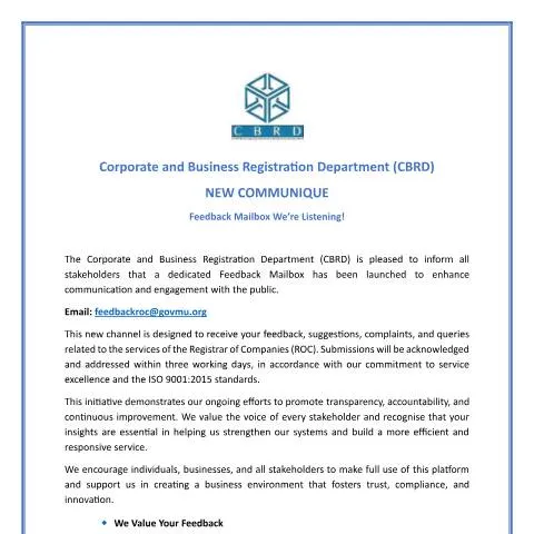 Document preview: Enhancing Stakeholder Engagement with the CBRD Feedback Mailbox — Government & admin (Corporate-and-Business-Registration-Department_Feedback_Mailbox)