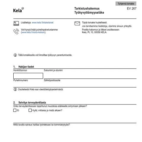 Document preview: Työkyvyttömyyseläkkeen tarkistushakemus EV 267 — Hallinnolliset asiat (CERFA n°Kela EV 267)