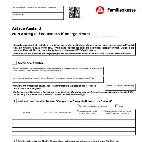 Dokumentvorschau: Anlage Ausland für den Antrag auf deutsches Kindergeld — Familie (CERFA n°kg51-anlageausland_ba032400)
