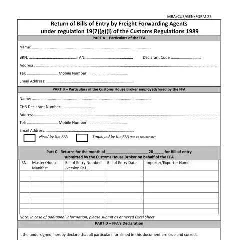 Document preview: Essential Guide to the Return by Freight Forwarding Agent (FFA) — Government & admin (MRA-CUS-GEN-FORM25)