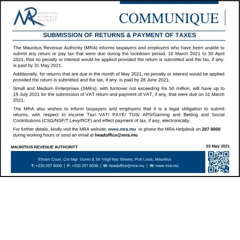 Document preview: Understanding the Extension for Tax Returns in Mauritius — Taxes (CERFA n°Extension030521)