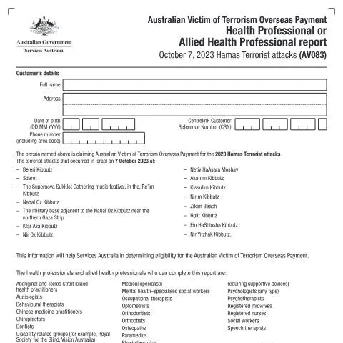 Document preview: AV083 Form: Assistance for Australian Victims of Terrorism — Health (CERFA n°AV083)