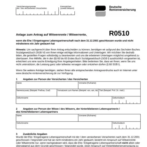 Dokumentvorschau: Anlage zum Antrag auf Witwenrente oder Witwerrente Ehe Eingetragene — Rente & Pension (R0510)