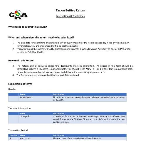 Document preview: Guide to Filing Betting Tax Returns in Guyana