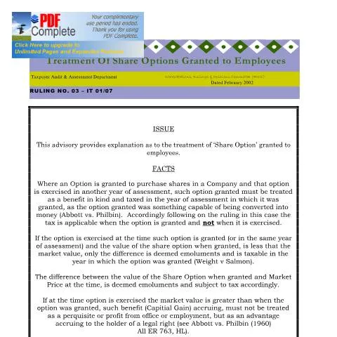 Document preview: Jamaica Employee Share Option Tax Treatment Update — Taxes (CERFA n°2002+iroc+it+-+treatment+of+share+option+granted+to+employees+update)