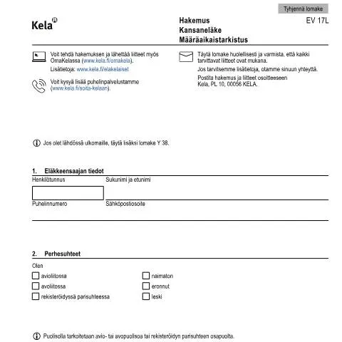 Document preview: Mikä on Kansaneläke - Määräaikaistarkistus? — Hallinnolliset asiat (CERFA n°Kela EV 17L)