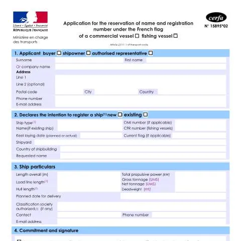 Aperçu du document Comment réserver le nom d'un navire commercial ou de pêche en France — Démarches administratives (CERFA n°15895*02)