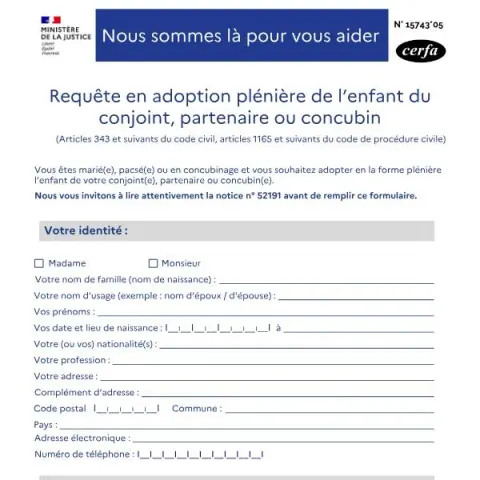 Aperçu du document Procédure d'adoption plénière de l'enfant du conjoint ou partenaire — État civil & identité (Cerfa 15743*05)