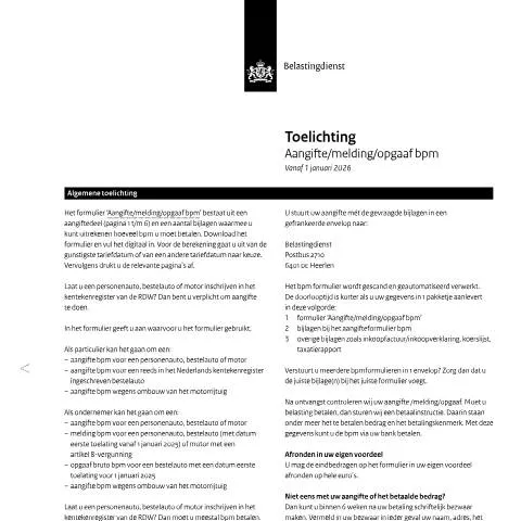 Documentvoorvertoning: Belang van het formulier Aangifte, melding of opgaaf bpm — Belastingen (CERFA n°bpm0111t13pl)
